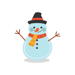 Cheerful snowman in black top hat and blue scarf – cartoon-style winter character for holiday design and children’s projects.