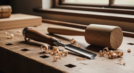 Wooden mallet and chisel on a workbench with wood shavings.