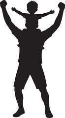 A silhouette of a father carrying child on shoulders, joyful pose, clean vector, white background