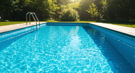 Outdoor swimming pool with crystal-clear blue water, surrounded by green trees and lawn, sunny summer day, leisure, relaxation, vacation, and water recreation