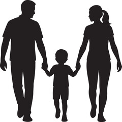 A family of three walking hand in hand, silhouette, minimal black vector, white background