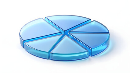 3D glossy blue pie chart diagram with six separated segments on white background representing data visualization