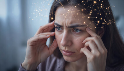 Woman with brown hair rests hand on temple, gripping pen in other hand. Head tilted, pen lines on fingers. Soft light filters in through window with blinds, casting shadows.