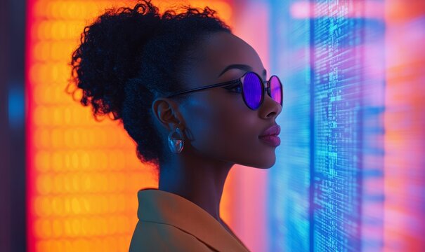 Side profile of a Black female student scientist examining a DNA double helix in a genetic engineering research lab. Innovation in healthcare and biotechnology, Generative AI