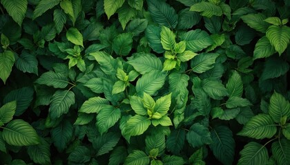 Rich green foliage illustration with detailed leaves creating vibrant natural background. Features seamless pattern ideal for wallpapers, design elements. Evokes growth, jungle, forest themes with