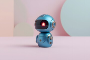 A cute blue robot on a minimalist pastel background with one red eye is commonly used in modern tech