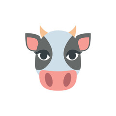 Illustration of a cartoon cow face with gray and white markings and small horns on a white background