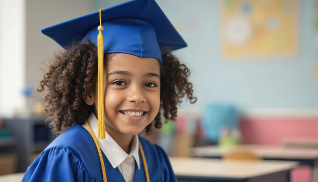 Adorable young girl graduates kindergarten wearing bright blue cap, holds trophy. Colorful classroom backdrop features desks, chalkboard, bulletin board. Educational atmosphere. Joyful celebration of - Powered by Adobe