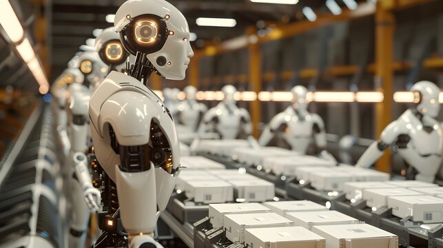 Futuristic robots assembling products in a high-tech factory setting with advanced machinery