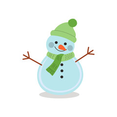 Cute cartoon snowman with green scarf and hat – festive winter vector illustration for Christmas cards, seasonal decor, kids’ crafts, or holiday-themed printables.