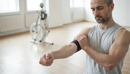 Obraz premium Man with elbow injury light stretches in bright fitness room. Focus on rehabilitation, mobility exercises. Minimalist setting with exercise bike suggests recovery, active lifestyle, promoting health,