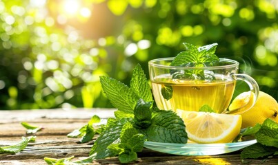 Refreshing herbal tea with mint and lemon healthy wellness still life