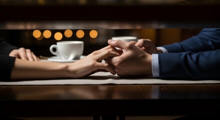 Couple holding hands across a restaurant table with cups nearby and soft blurred lights in the background