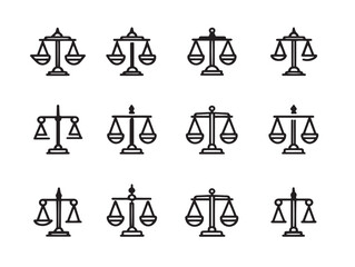 Clean balance and scale icons set in line art