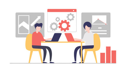 Obraz premium Two people working on laptops at a table with charts and gears on the screen background scene