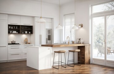 Modern kitchen interior with white cabinets, wooden floor. White kitchen island sink. Black barstool adds contrast. Countertops feature beige wood, white vase with flowers. Soft light, sliding glass