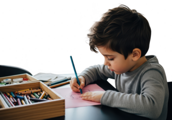 Young boy diligently drawing with a pencil isolated on transparent background