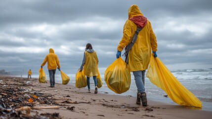People in yellow raincoats clean a beach collecting trash in yellow bags on a cloudy day
