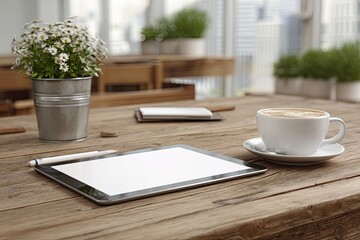 Tablet, coffee, flowers on rustic wooden table