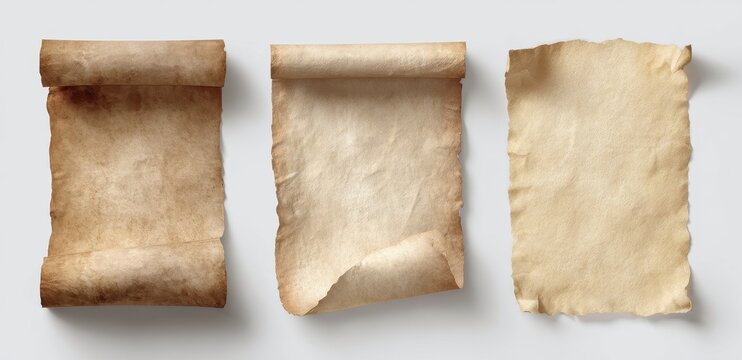 Three antique scrolls of aged parchment