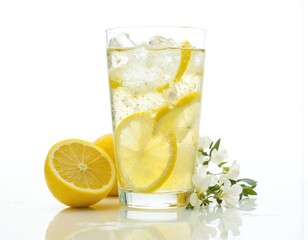 Fototapeta premium Close-up glass of sparkling water with lemon slices, ice, and white flowers. Refreshing cold drink with bubbles. Fresh citrus beverage, perfect for summer refreshment and healthy diet.
