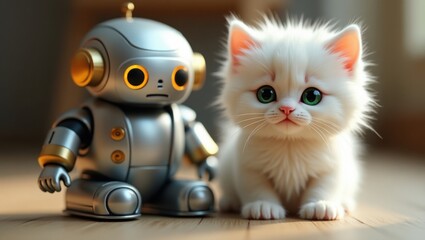 Adorable fluffy white kitten sits next to a cute friendly robot