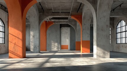 Naklejka premium Industrial space with orange accents. Large open area with concrete pillars, arched openings, and large windows