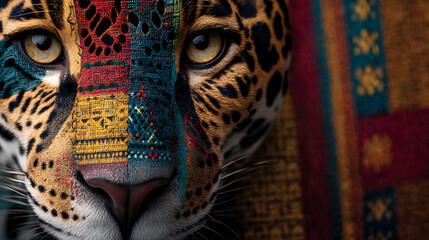 The jaguar's face is full of cultural symbolism and color