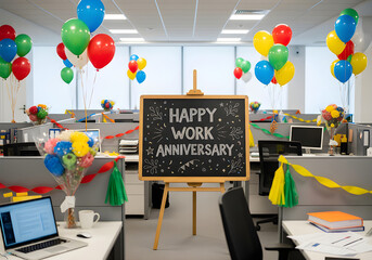 Office celebrates a happy work anniversary with balloons and a message.