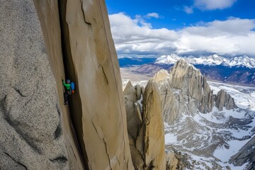 Expert climber ascends sheer rock face in stunning mountain landscape on a sunny day