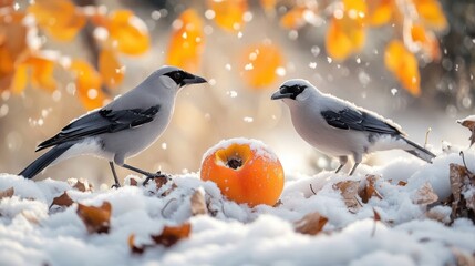 Two gray birds near a partly eaten orange fruit on snow-covered ground with falling snow and autumn leaves in the background.