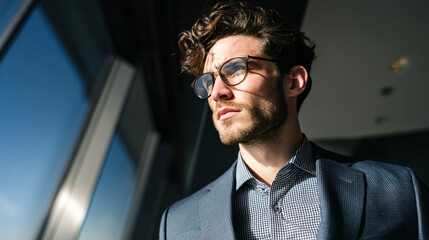 Man in suit stands near window looking away with light and shadow on his face and curly hair
