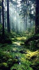 Obraz premium Misty forest path, sunlight filtering through trees (1)