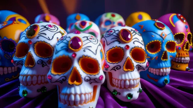Vibrant sugar skulls on purple velvet with sparkling gems