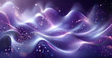 Obraz premium Abstract waves, vibrant purple hues, glowing particles create futuristic digital landscape. Light streaks suggest movement, energy.