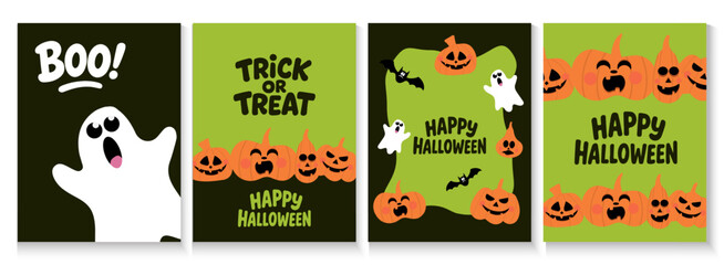 Happy halloween party invitation cards, banner and poster with spooky pumpkins, cute ghost. Holidays cartoon character. halloween funny creepy characters.  for Advertising, Web, Social Media, Template