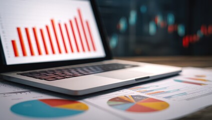 Laptop displaying upward trend graph, with various charts on papers