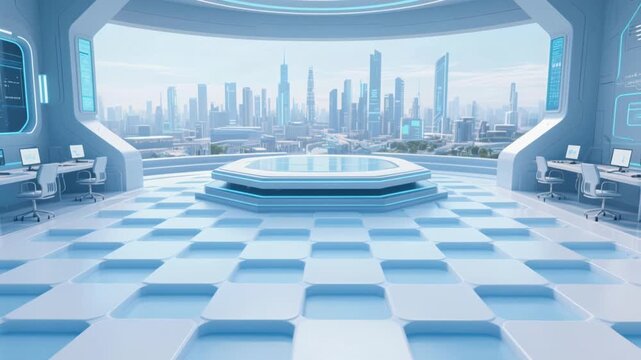 A futuristic business concept illustrates the sleek interior design of a modern skyscraper, showing people inside a moving train with a city skyline view
