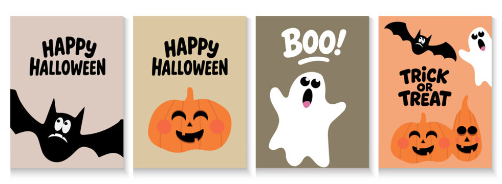Happy halloween party invitation cards, banner and poster with spooky pumpkins, cute ghost. Holidays cartoon character. halloween funny creepy characters.  for Advertising, Web, Social Media, Template