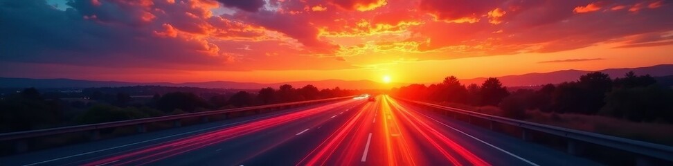 Fiery sunset paints sky above speeding traffic trails , pink, sunset, background