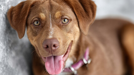 Smiling brown dog looking directly at the camera.