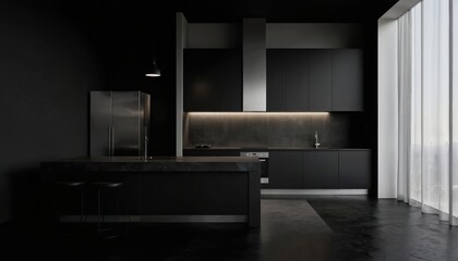 Sleek modern minimalist kitchen design in black. Features dark cabinetry, stainless steel appliances, marble island with bar stools. Elegant, sophisticated urban interior with ambient lighting