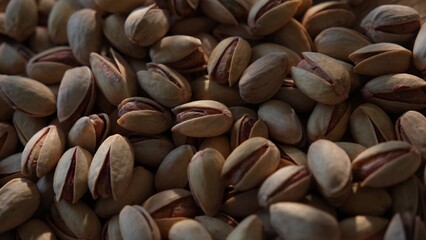 Pistachio nuts scattered on wooden surface in warm light