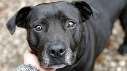 Close-up of a black dog with expressive eyes being petted.