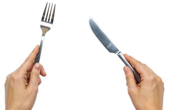 two hands holding a silver knife and a fork ready to eat - Powered by Adobe