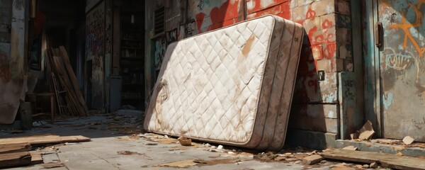 Discarded mattress against graffiti wall scene. Anime illustration shows worn, stained bedding on weathered pavement. Features rough texture, street art vandalism, abandoned furniture, neglect, urban