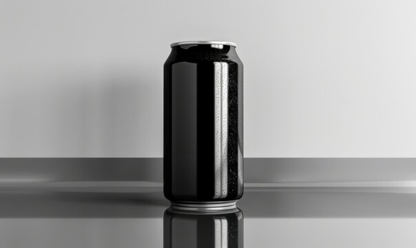 Sleek black can on reflective surface for beverage packaging and product design