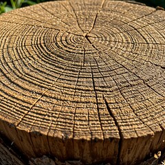 Fototapeta premium Rustic Brown Tree Stump Revealing Annual Rings in Warm Sunlight