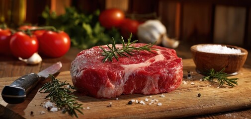 The raw steak garnished with rosemary on a wooden chopping board.