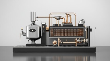 Close up of a complex industrial machine with metal pipes and a silver container on a gray surface